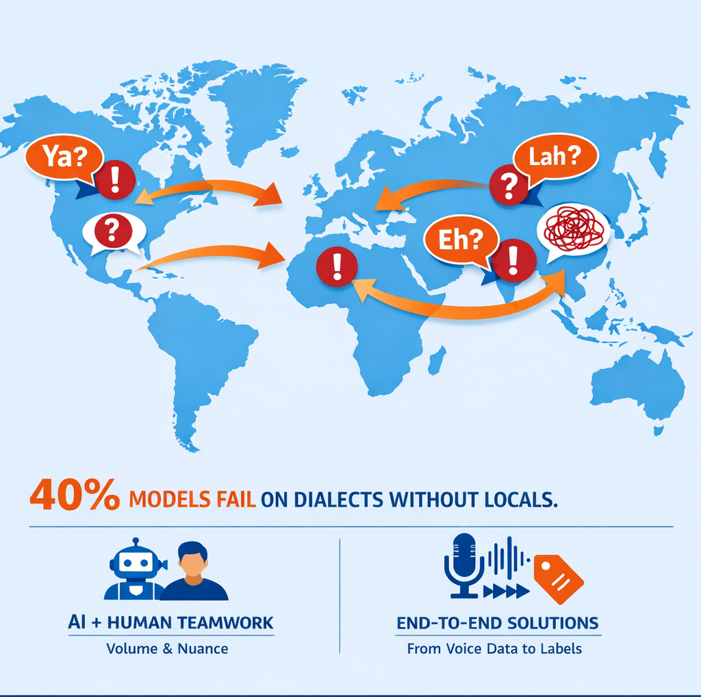 Infographic showing Andovar’s hybrid AI and human approach to multilingual data and localization, highlighting that 40% of AI models fail on dialects without local language experts. (1)
