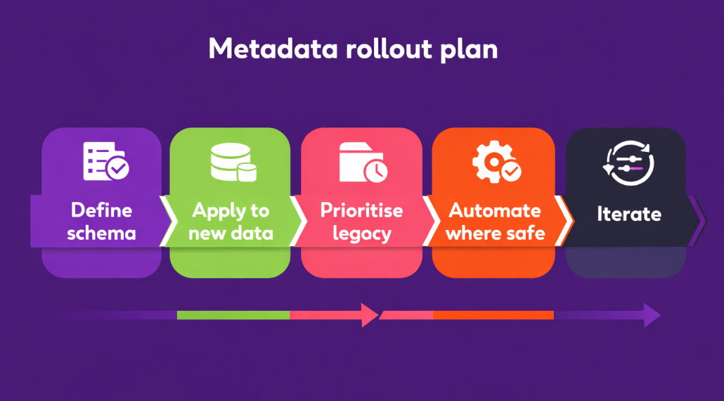 Infographic: “Metadata rollout plan” Horizontal timeline: Define schema → Apply to new data → Prioritise legacy → Automate where safe → Iterate.