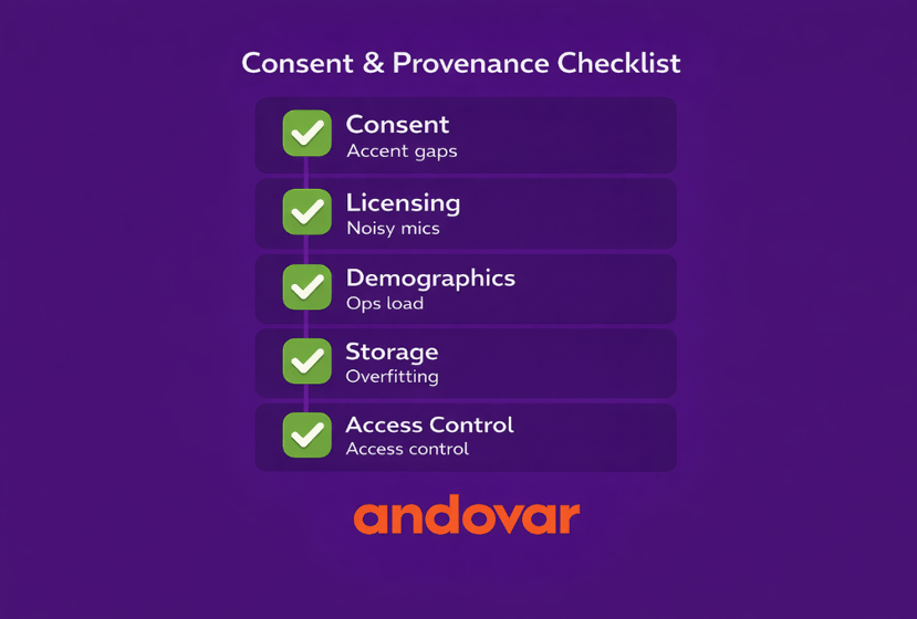 Infographic:  “Consent and provenance checklist” Simple vertical list graphic: Consent → Licensing → Demographics → Storage → Access control, each with a tick icon.