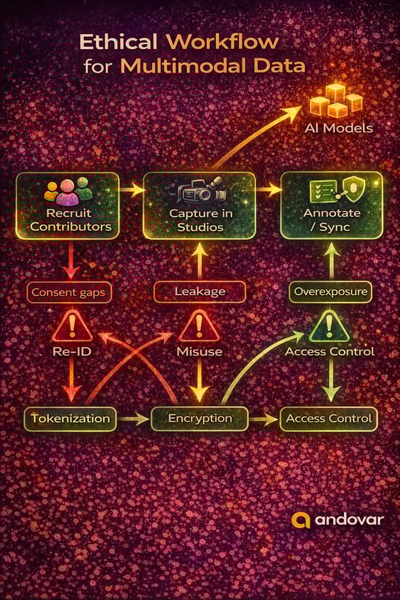 Ethical multimodal data workflow infographic showing contributor recruitment, studio capture, annotation and secure AI data delivery with privacy safeguards