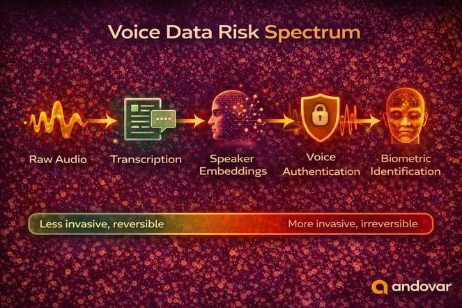 Voice data risk spectrum infographic showing raw audio, transcription, speaker embeddings, voice authentication and biometric identification stages