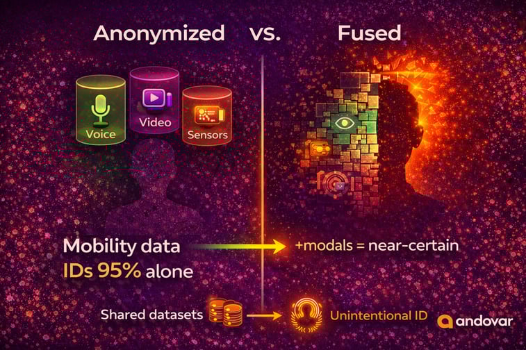 Multimodal AI re-identification infographic showing anonymized voice, video and sensor data revealing identity