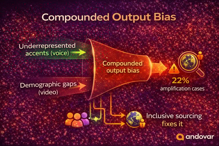 Compounded output bias infographic showing underrepresented accents and demographic gaps causing amplified AI bias with inclusive data sourcing solution