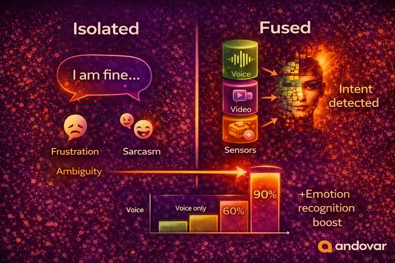 Multimodal AI infographic showing voice-only ambiguity vs fused voice, video and sensor data improving intent and emotion recognition accuracy