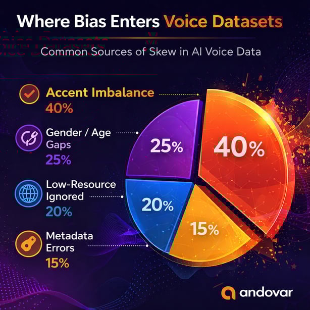Pie chart: Top biased voice dataset causes - Accent imbalance 40%, gender/age gaps 25%, low-resource languages 20%, metadata errors 15%. Source: Industry benchmarks.