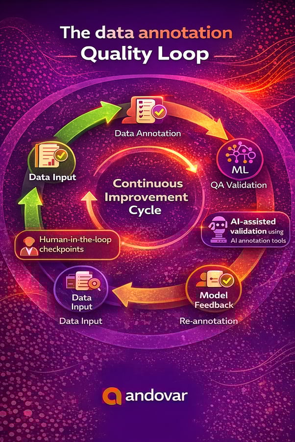Data annotation quality loop infographic showing input, annotation, QA validation, model feedback and re-annotation with human-in-the-loop AI workflow